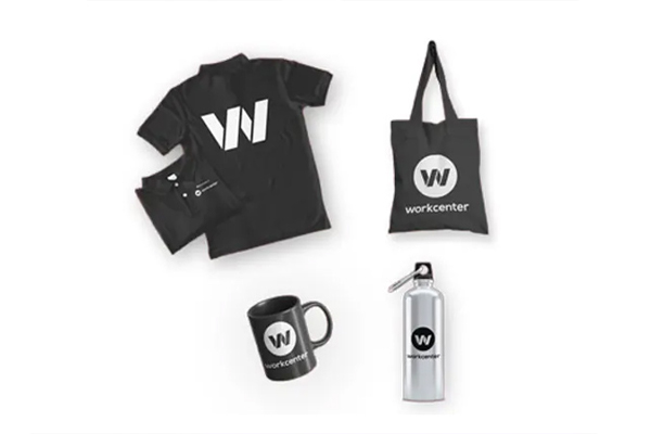 Branded merchandise set including black t-shirt, tote bag, coffee mug and water bottle with company logo
