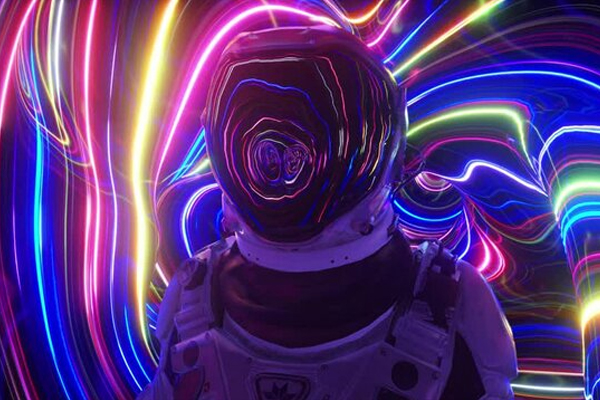 3D animated astronaut character surrounded by colorful neon light trails